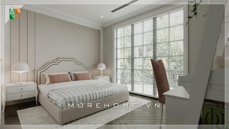 Sắc trắng tinh tế và lối thiết kế độc đáo của phòng ngủ biệt thự, nhà phố được nhiều gia chủ lựa chọn bởi sự nhẹ nhàng, trẻ trung và tinh tế.